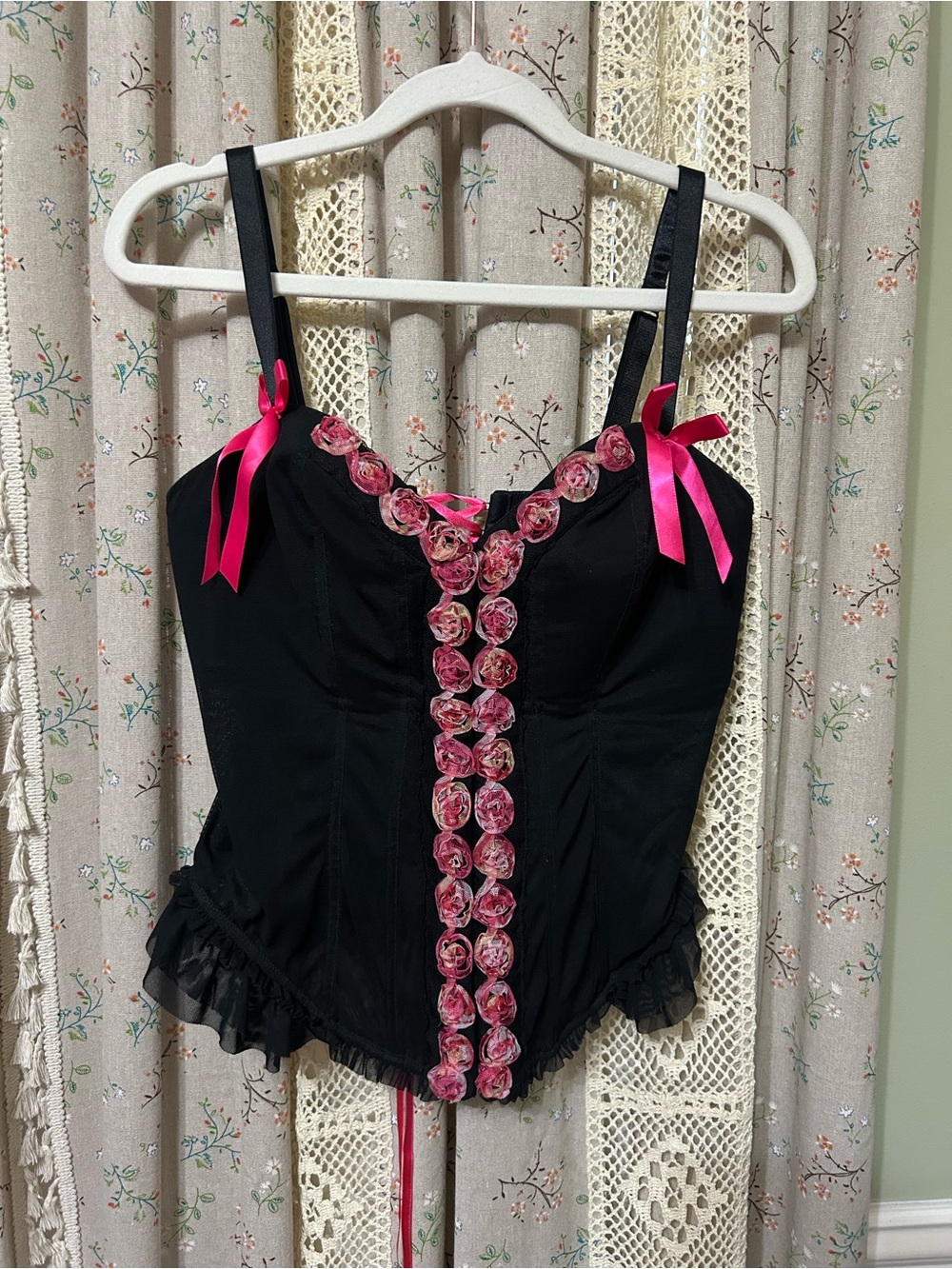 Cacique Black Pink Rosette Corset Bustier Top 14/16 Coquette Y2K